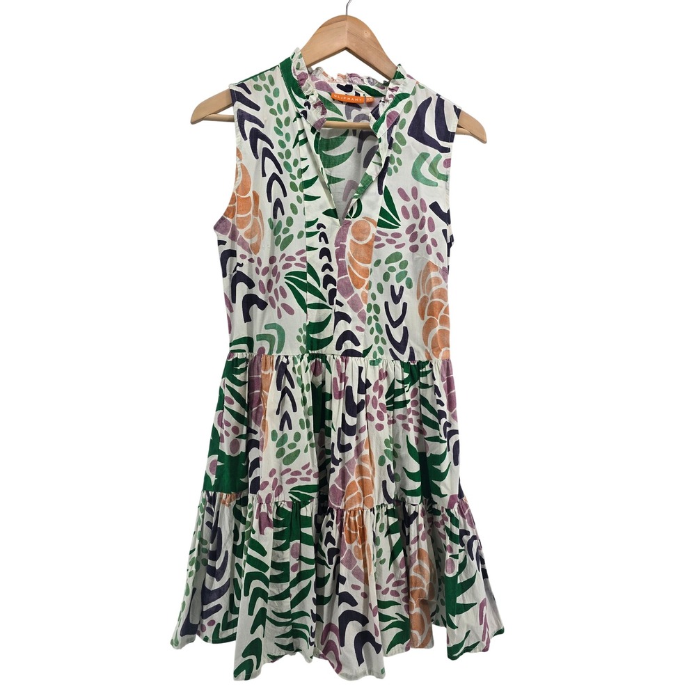 Oliphant Dress Womens XS Tiered Mini White Green Abstract Tropical EUC